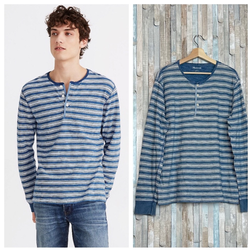 Madewell L Mens Henley Long-Sleeved Tee T Shirt Indigo Stripe Heathered Blue‎